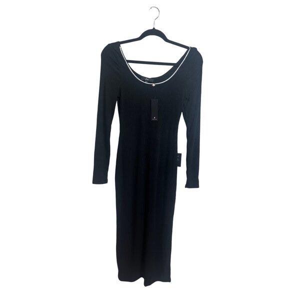 Lulus Ribbed Long Sleeve Black Midi Dress Size Medium NWT - Picture 4 of 7